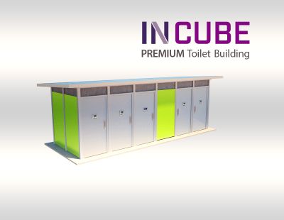 Incube modern toilet building us available in a range of material colour finished.